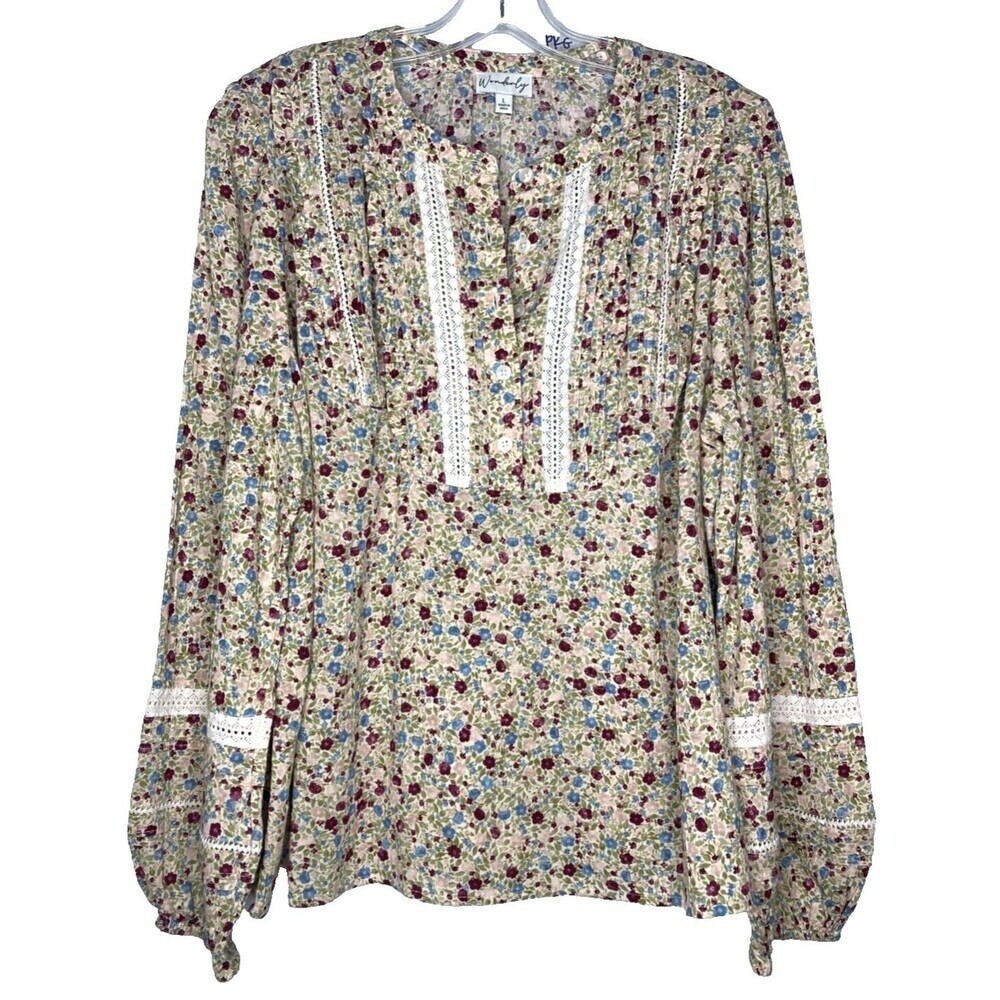 Wonderly Blouse Women Large Floral Beige Lace Insets Peasant Top Long Sleeve‎